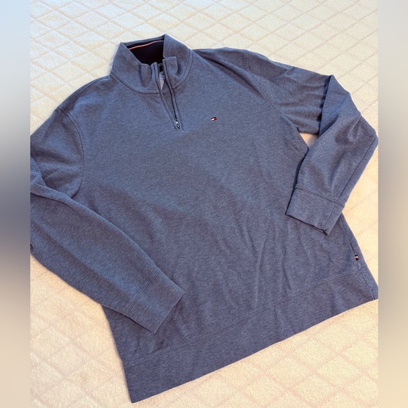 Tommy Hilfiger logo Adult Large Blue Sweatshirt 1/4 Zip Casual Pullover Mens - Picture 1 of 7